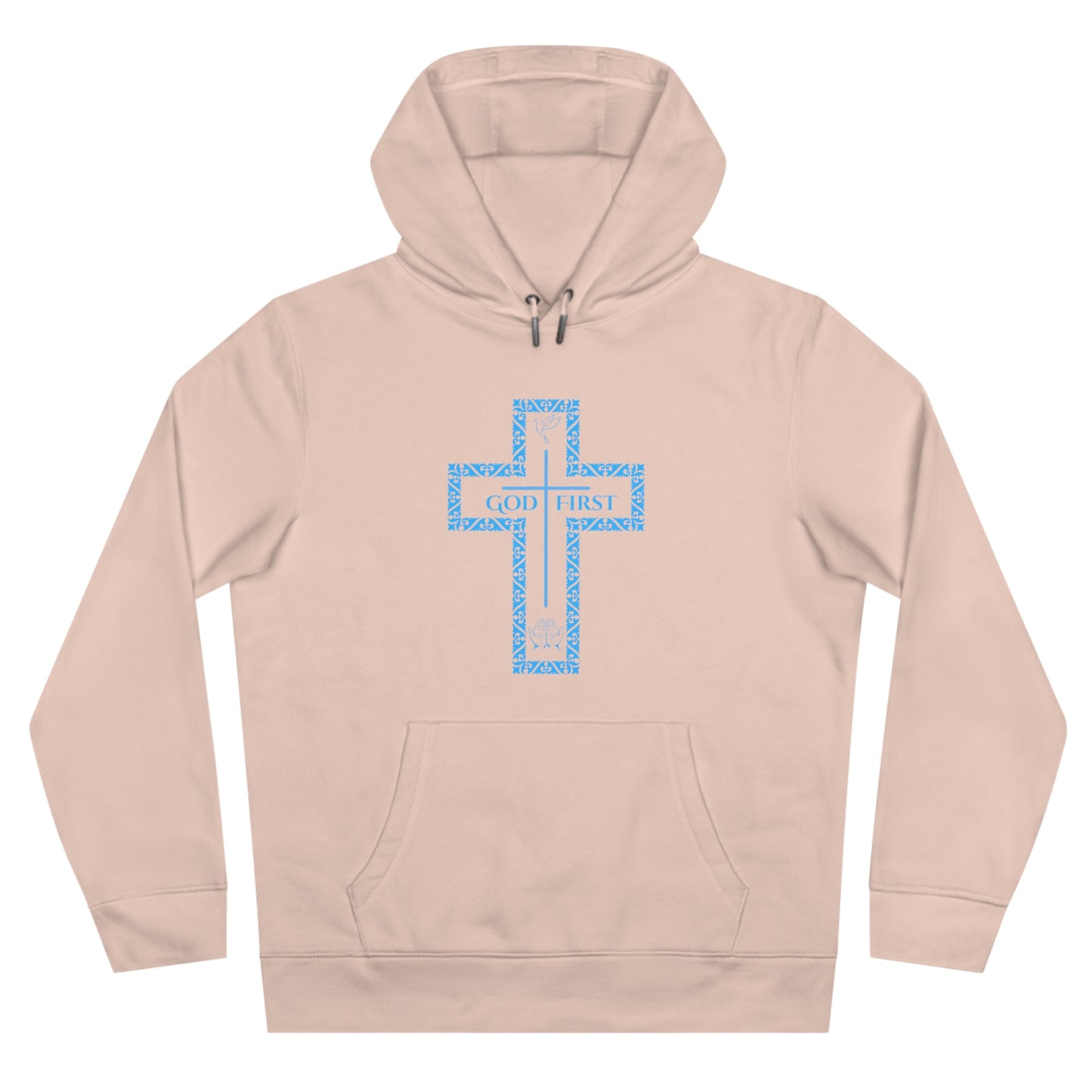 God First Hoodie Sweatshirt with Decorative Cross Design - All Baby Blue Color