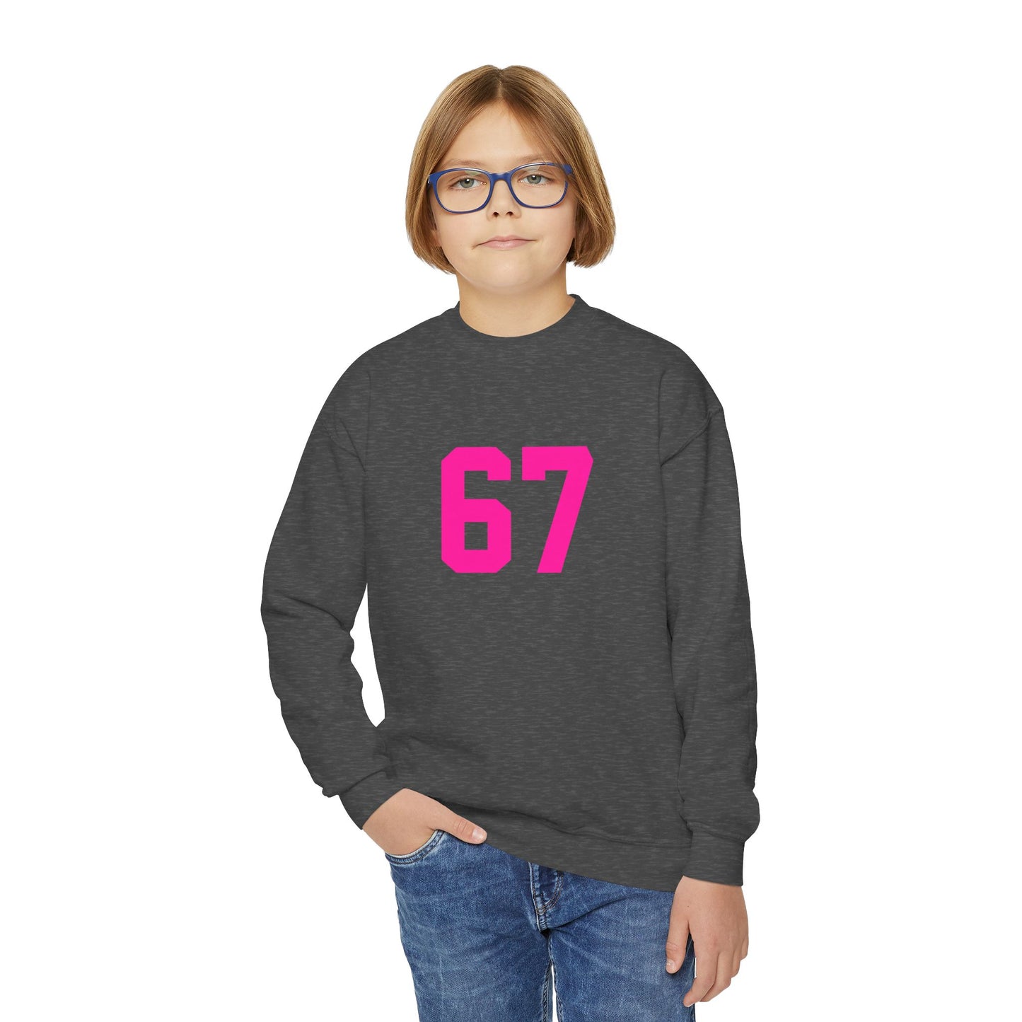 Youth Pink Number 67 Crewneck Sweatshirt, Meme Design