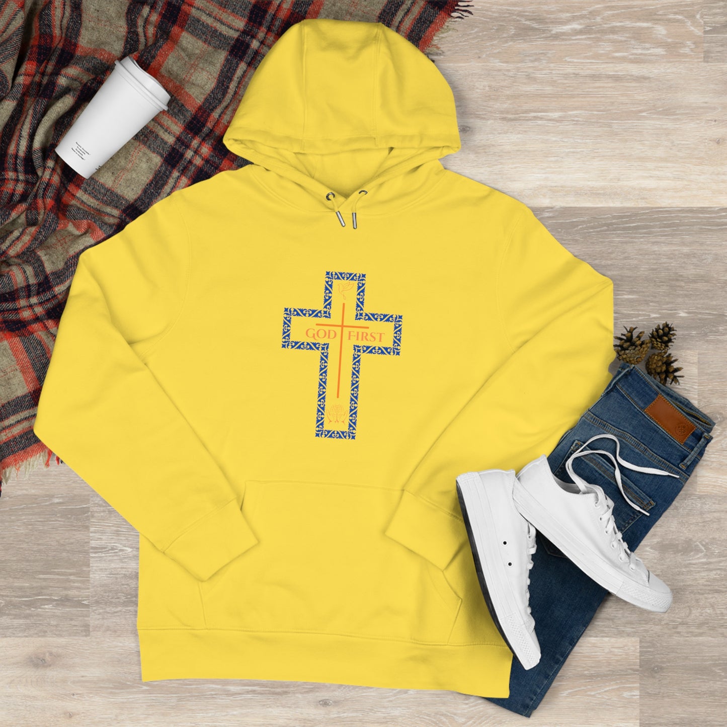 God First Hoodie Sweatshirt with Decorative Cross Design - Blue & Orange Colors