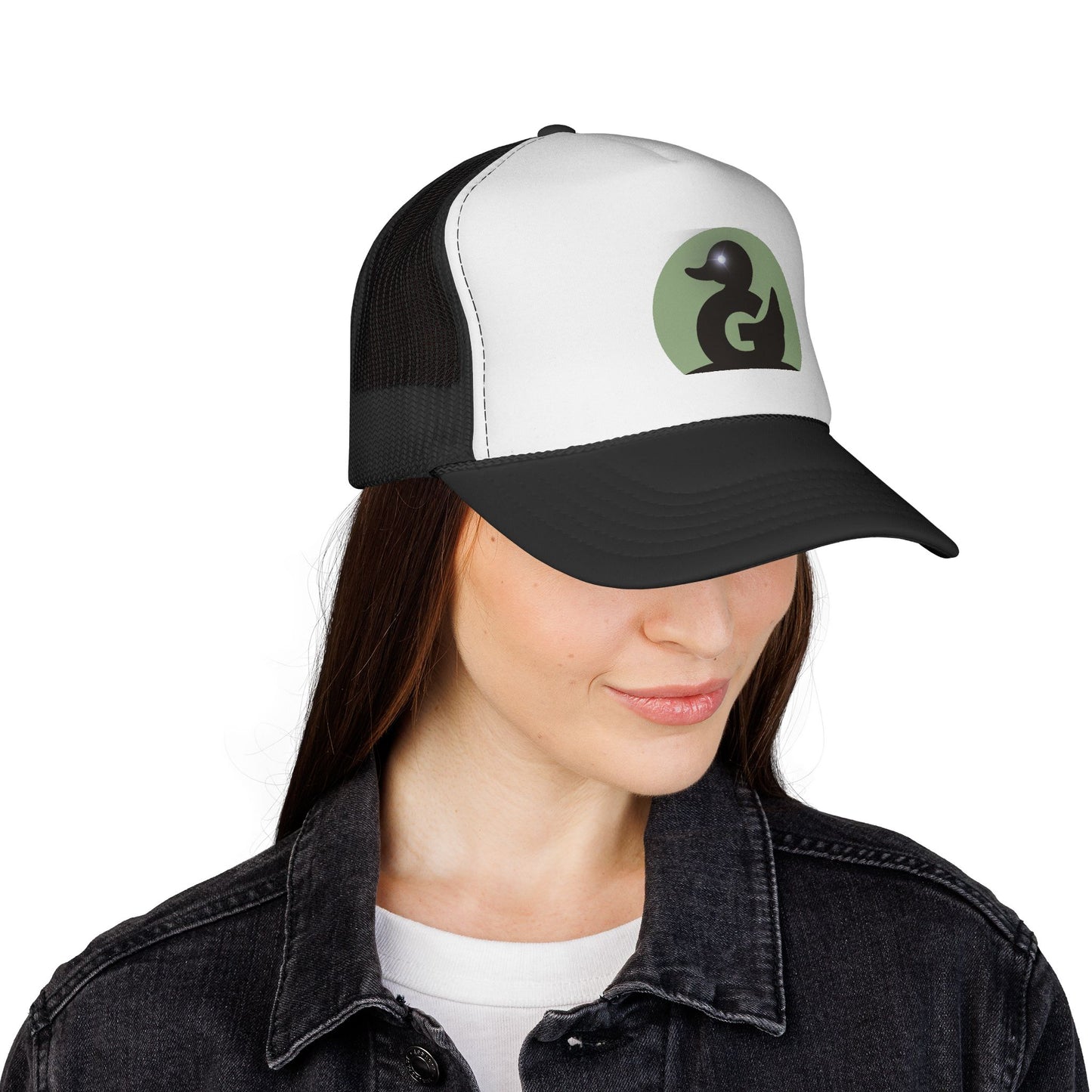 Green Duck Media Trucker Hat - Black & White Logo Cap, with shinny eye