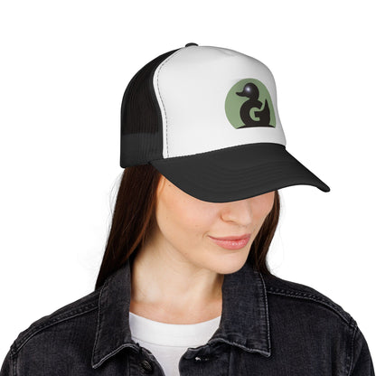 Green Duck Media Trucker Hat - Black & White Logo Cap, with shinny eye