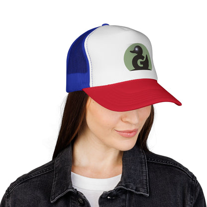 Green Duck Media Trucker Hat - Black & White Logo Cap, with shinny eye
