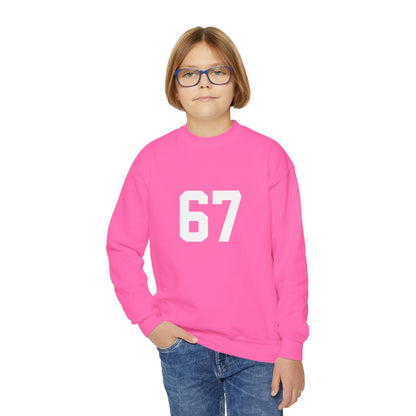 White Number 67 Youth Crewneck Sweatshirt, Meme Design
