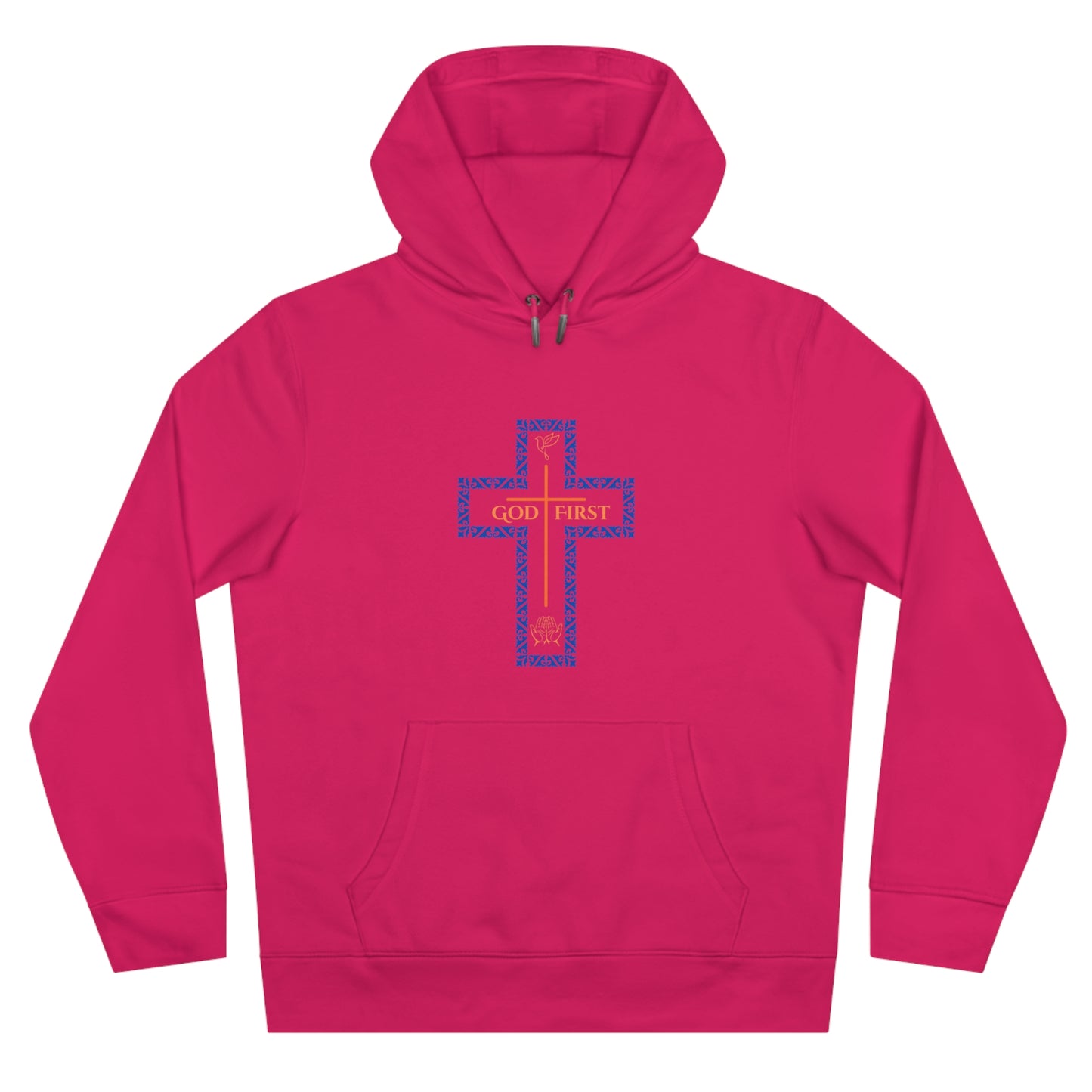 God First Hoodie Sweatshirt with Decorative Cross Design - Blue & Orange Colors