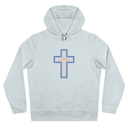 God First Hoodie Sweatshirt with Decorative Cross Design - Blue & Orange Colors