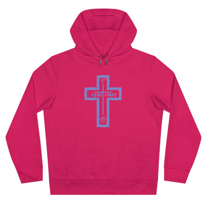 God First Hoodie Sweatshirt with Decorative Cross Design - All Baby Blue Color