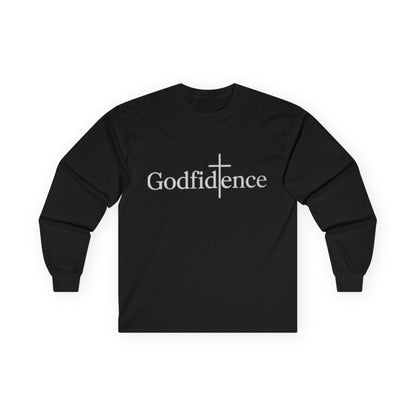 Black Godfidence long sleeve t-shirt with faith-based cross design, premium cotton blend, unisex fit