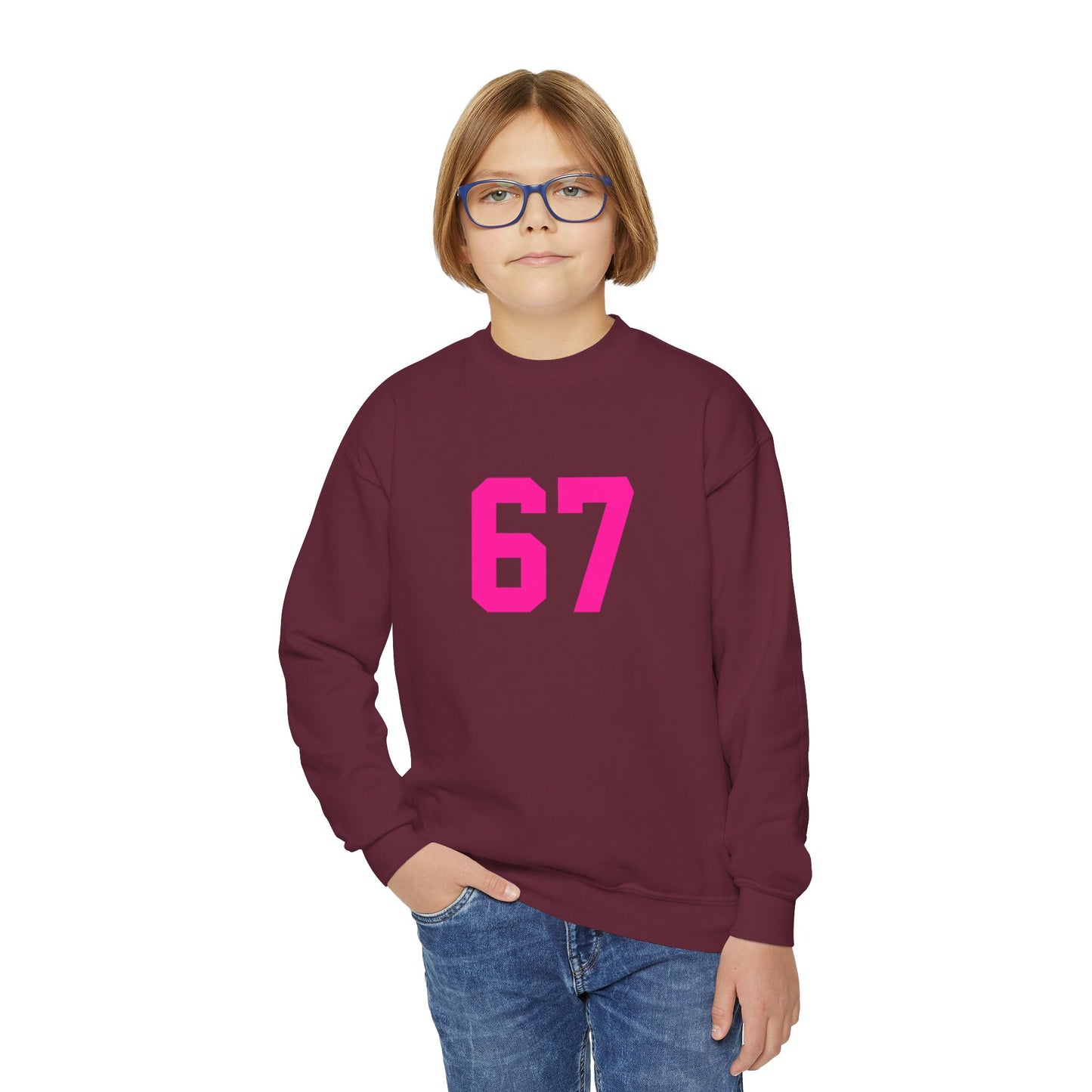 Youth Pink Number 67 Crewneck Sweatshirt, Meme Design