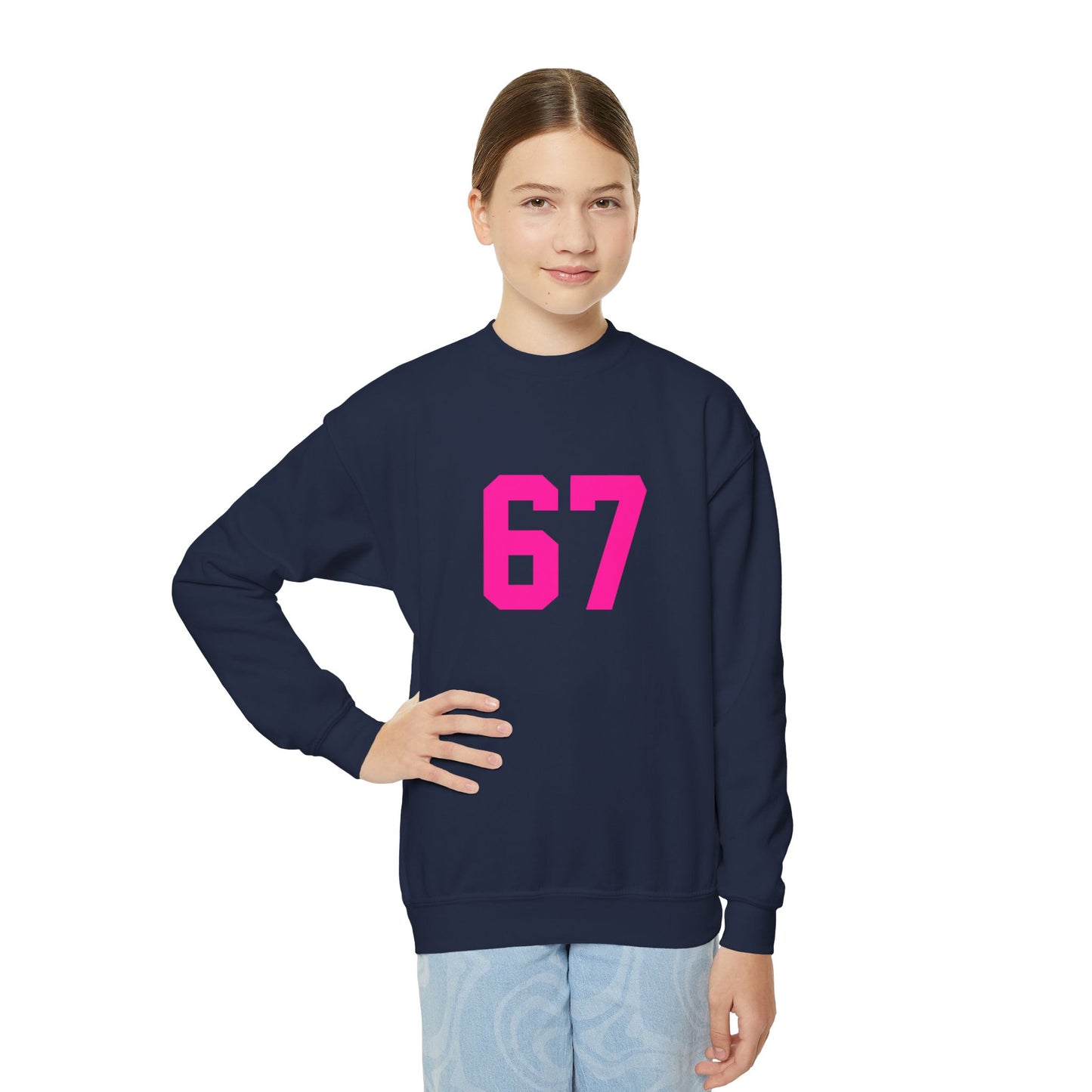 Youth Pink Number 67 Crewneck Sweatshirt, Meme Design