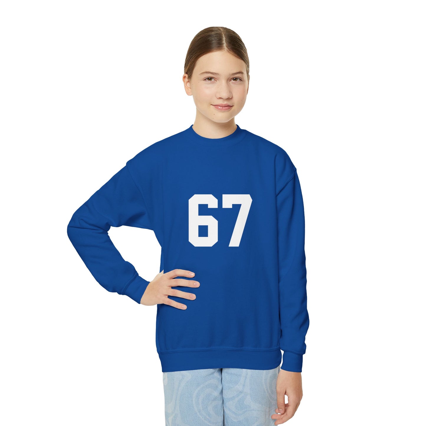 White Number 67 Youth Crewneck Sweatshirt, Meme Design
