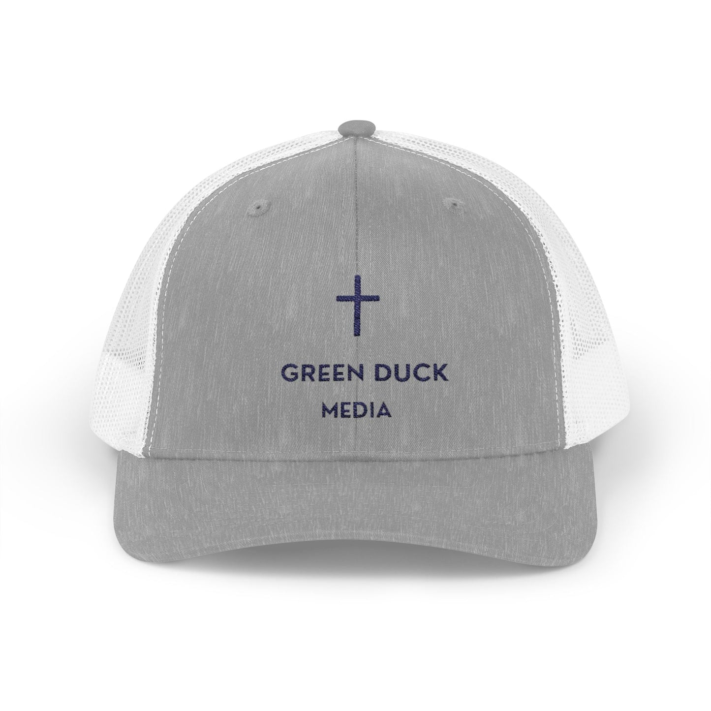 White and navy Cross Logo Trucker Hat with breathable mesh and embroidered cross design by Green Duck Media