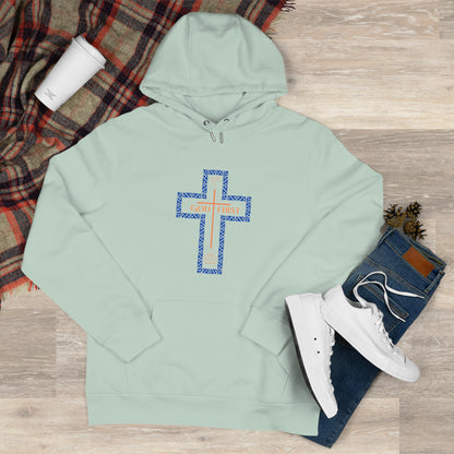 God First Hoodie Sweatshirt with Decorative Cross Design - Blue & Orange Colors