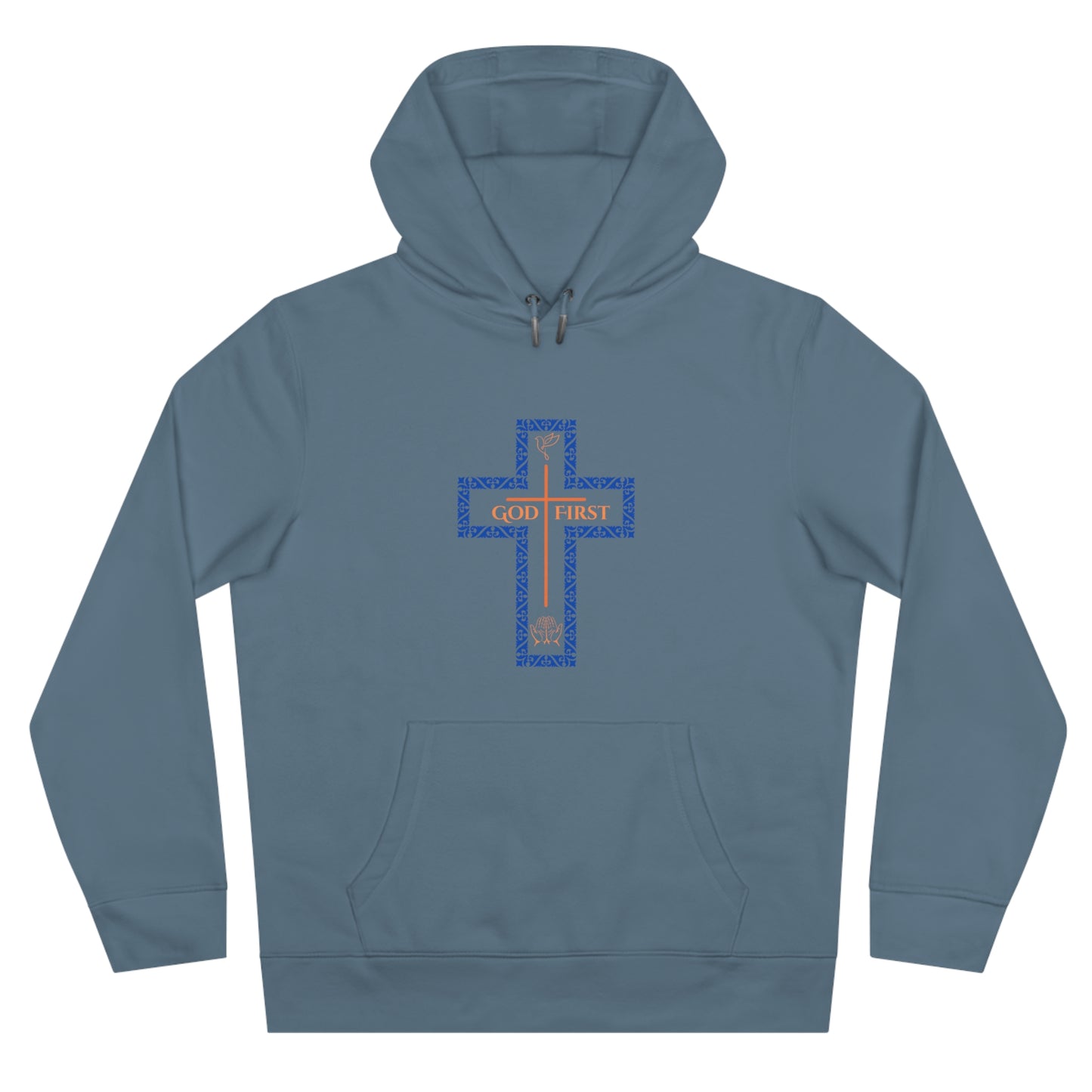 God First Hoodie Sweatshirt with Decorative Cross Design - Blue & Orange Colors