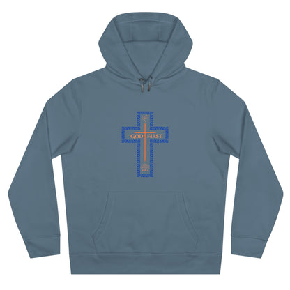 God First Hoodie Sweatshirt with Decorative Cross Design - Blue & Orange Colors