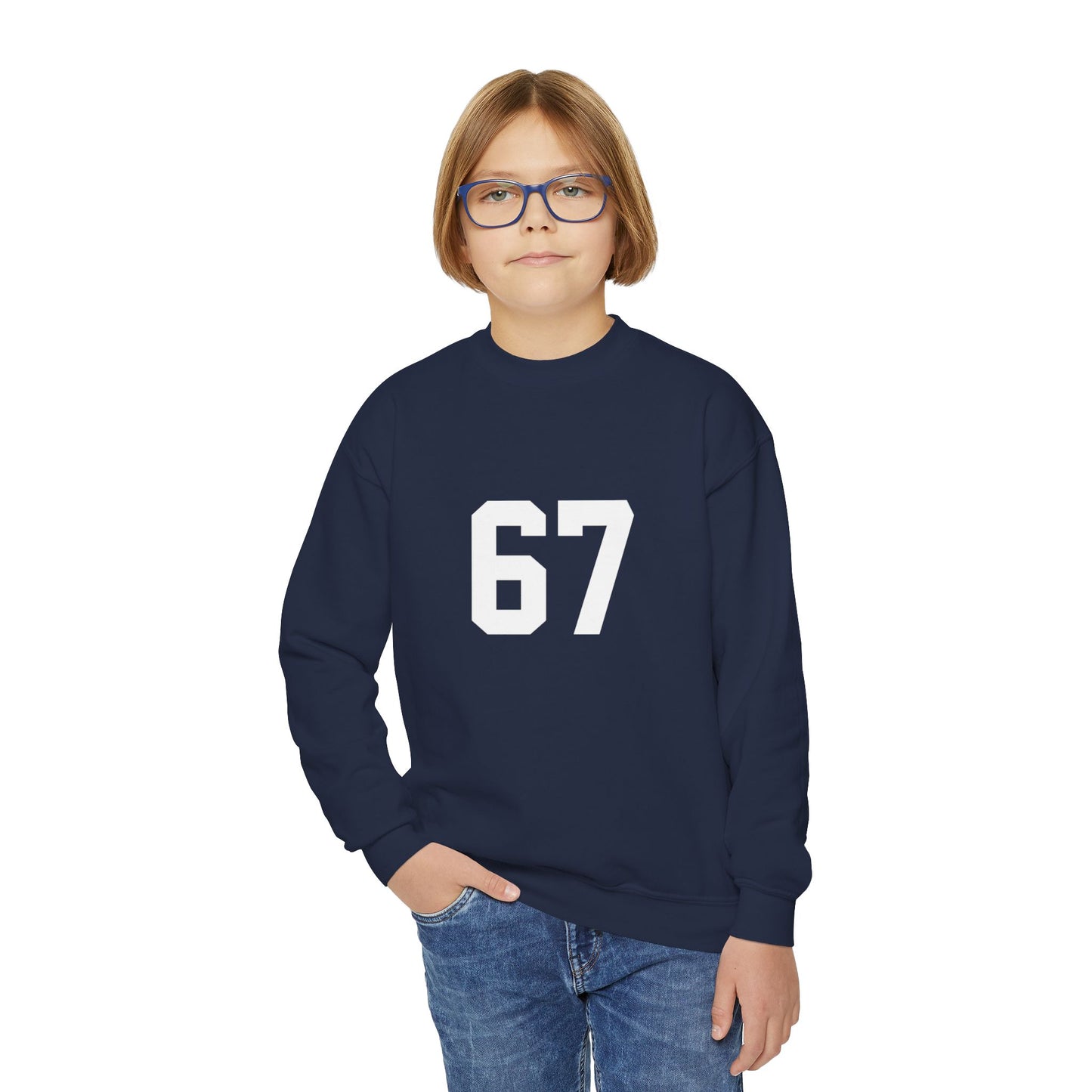 White Number 67 Youth Crewneck Sweatshirt, Meme Design