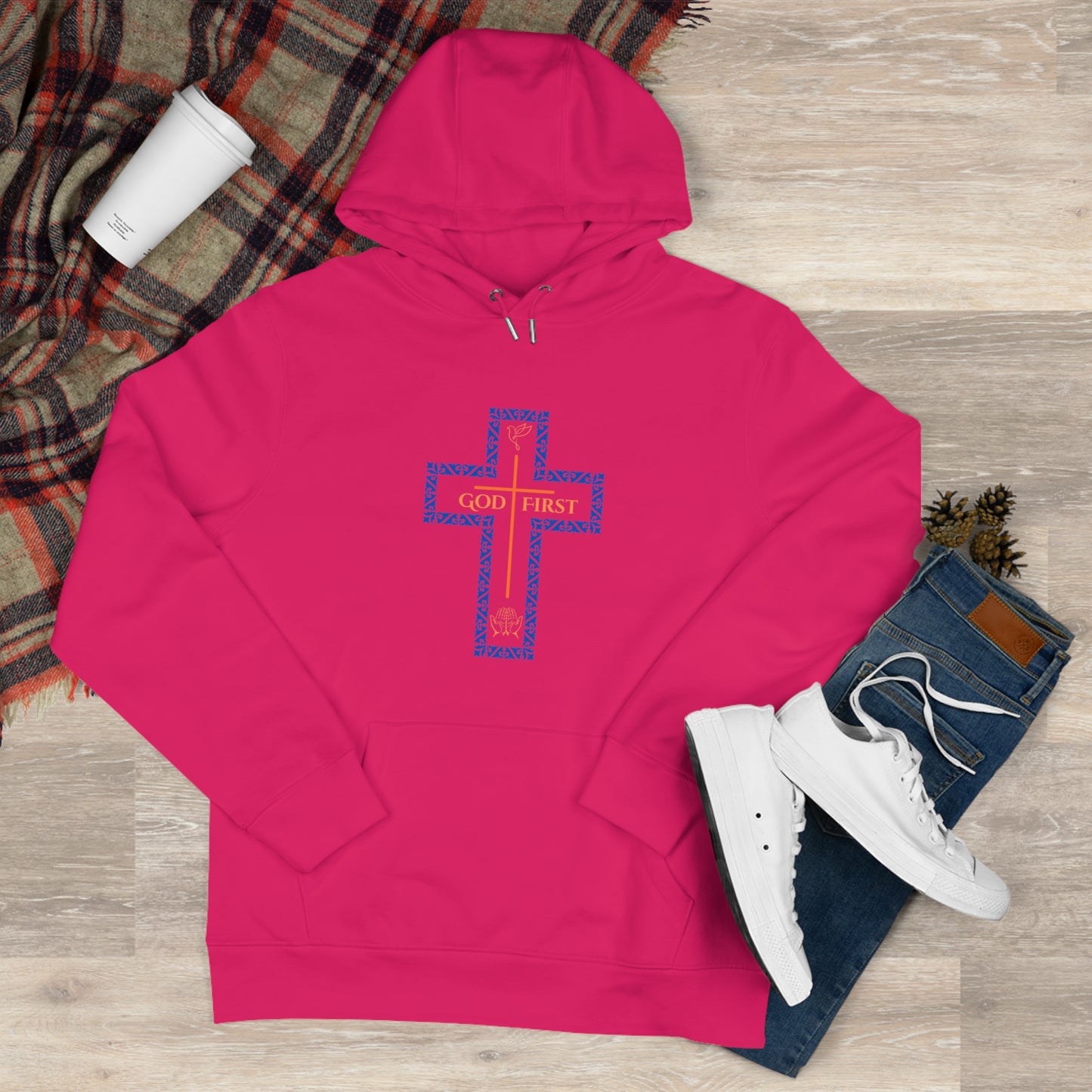 God First Hoodie Sweatshirt with Decorative Cross Design - Blue & Orange Colors