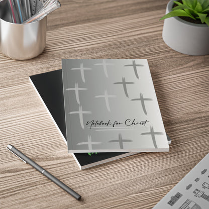A5 Notebook for Christ with grey cover and cross patterns for Christian Bible study and prayer notes on wooden desk