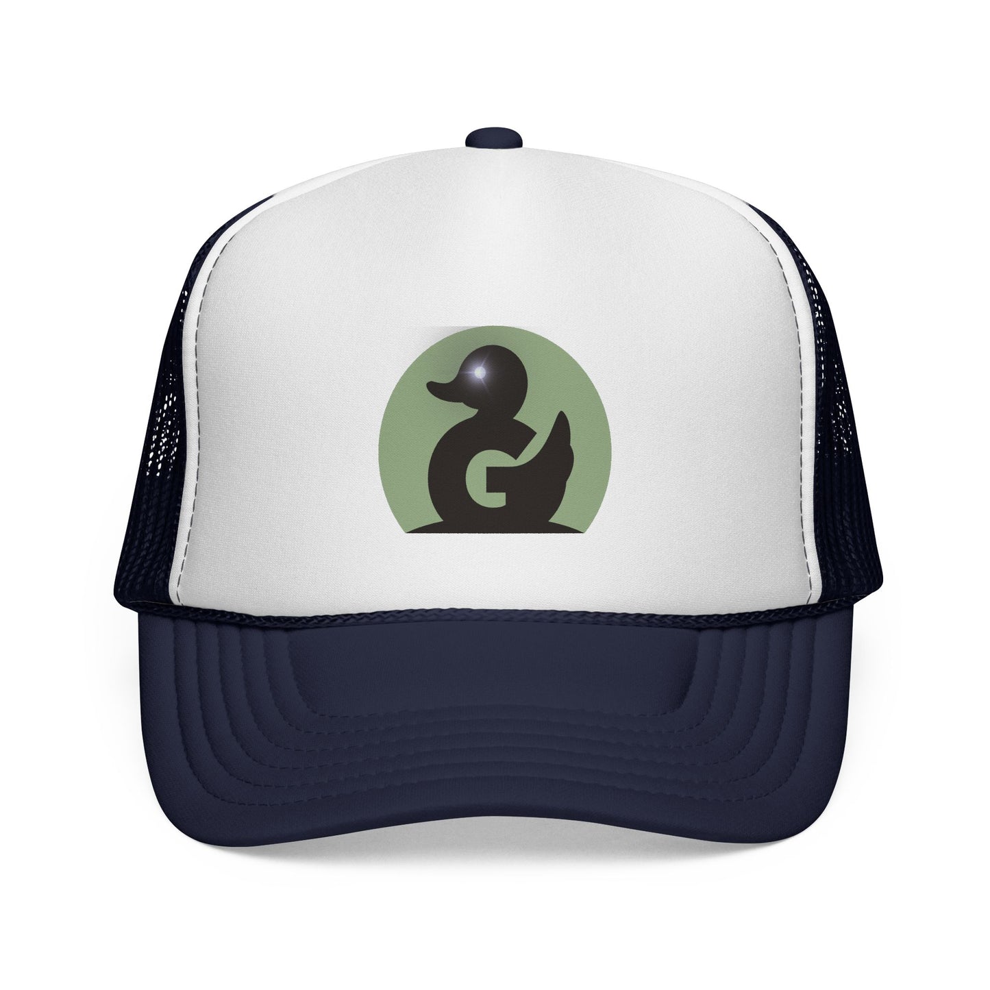 Green Duck Media Trucker Hat - Black & White Logo Cap, with shinny eye