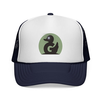 Green Duck Media Trucker Hat - Black & White Logo Cap, with shinny eye