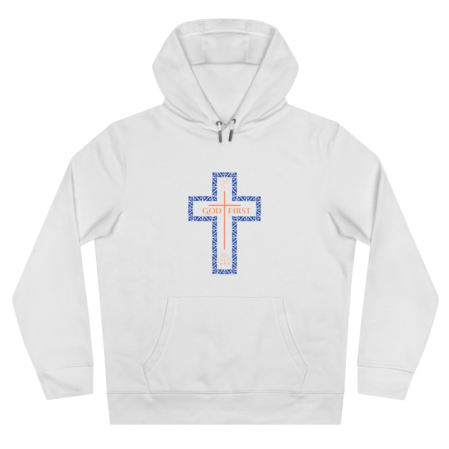 God First Hoodie Sweatshirt with Decorative Cross Design - Blue & Orange Colors