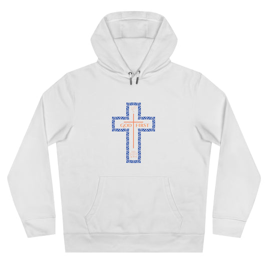 God First Hoodie Sweatshirt with Decorative Cross Design - Blue & Orange Colors