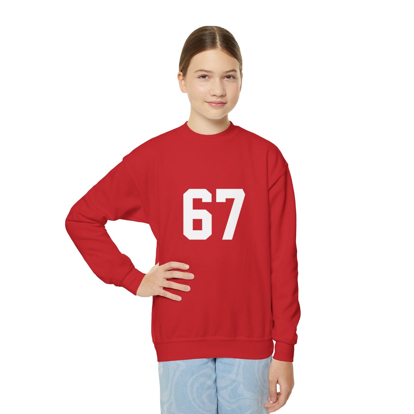 White Number 67 Youth Crewneck Sweatshirt, Meme Design