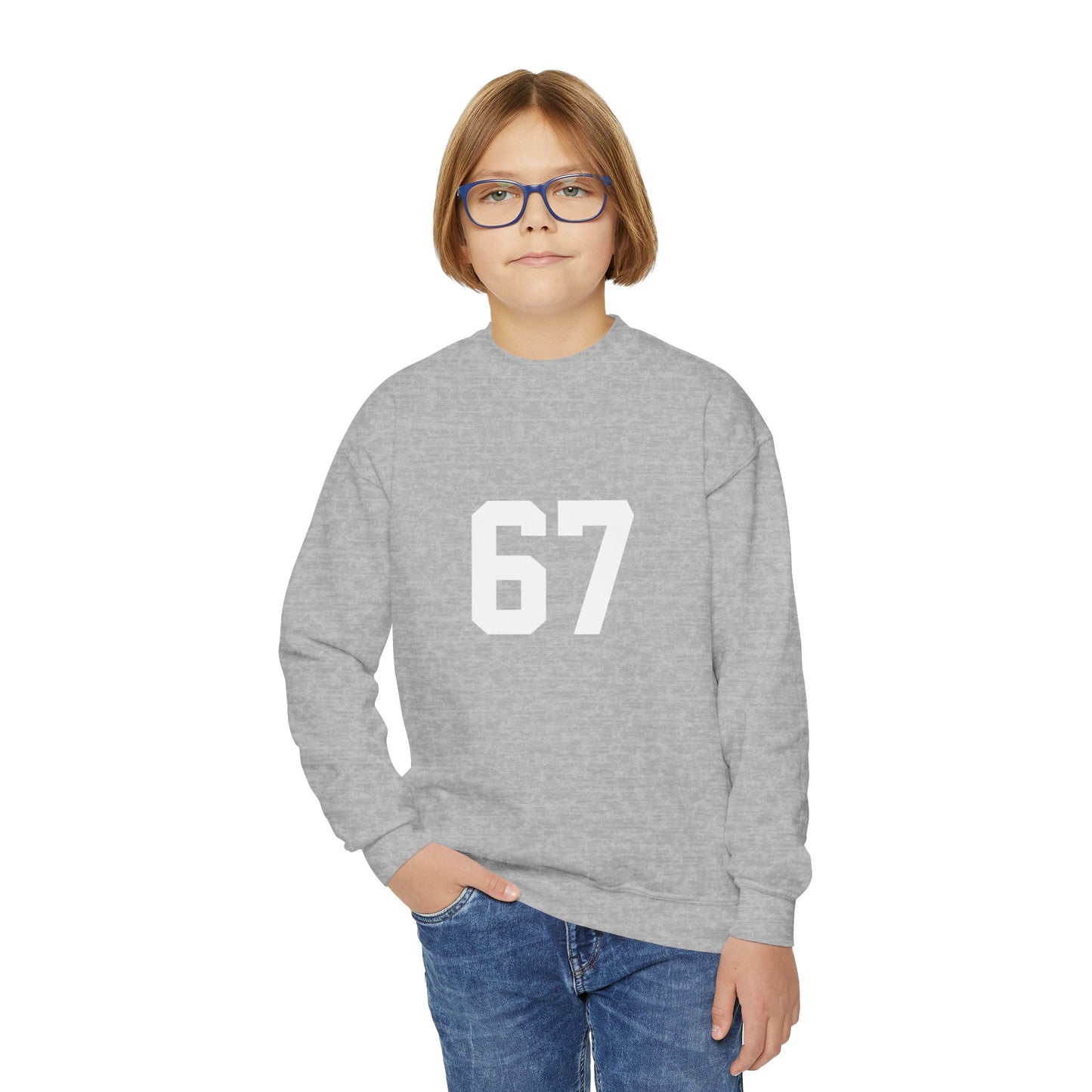 White Number 67 Youth Crewneck Sweatshirt, Meme Design