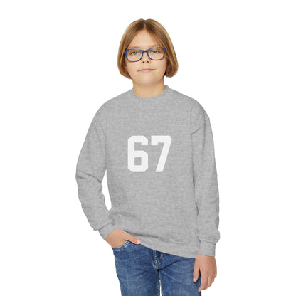 White Number 67 Youth Crewneck Sweatshirt, Meme Design