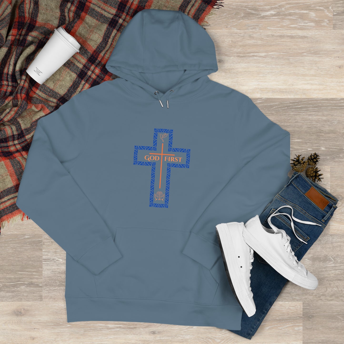 God First Hoodie Sweatshirt with Decorative Cross Design - Blue & Orange Colors