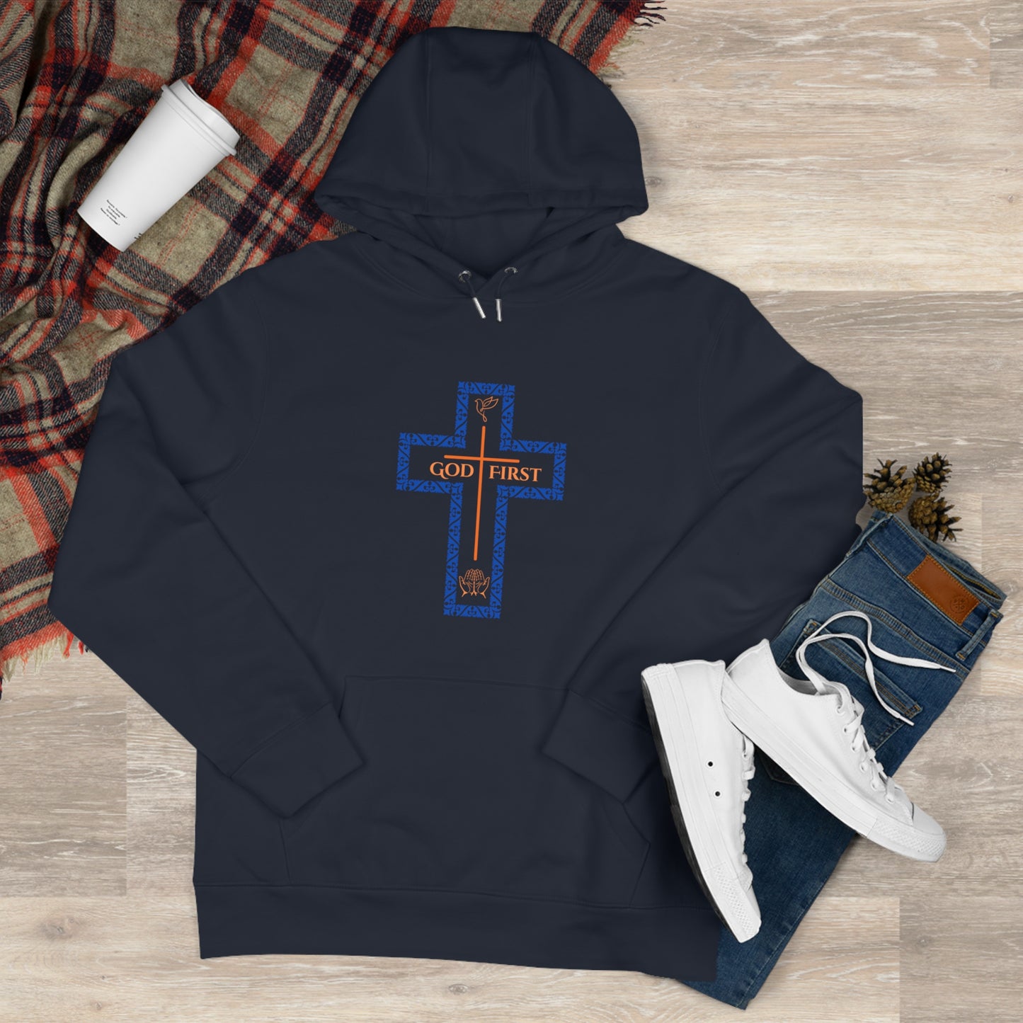 God First Hoodie Sweatshirt with Decorative Cross Design - Blue & Orange Colors