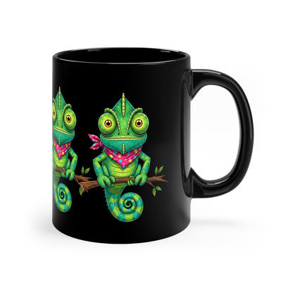Lizard Coffee Mug - Black with bright colorful lizards