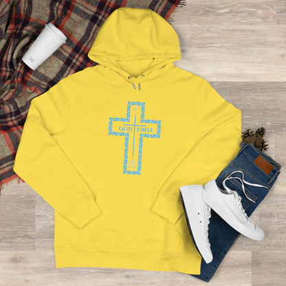 God First Hoodie Sweatshirt with Decorative Cross Design - All Baby Blue Color