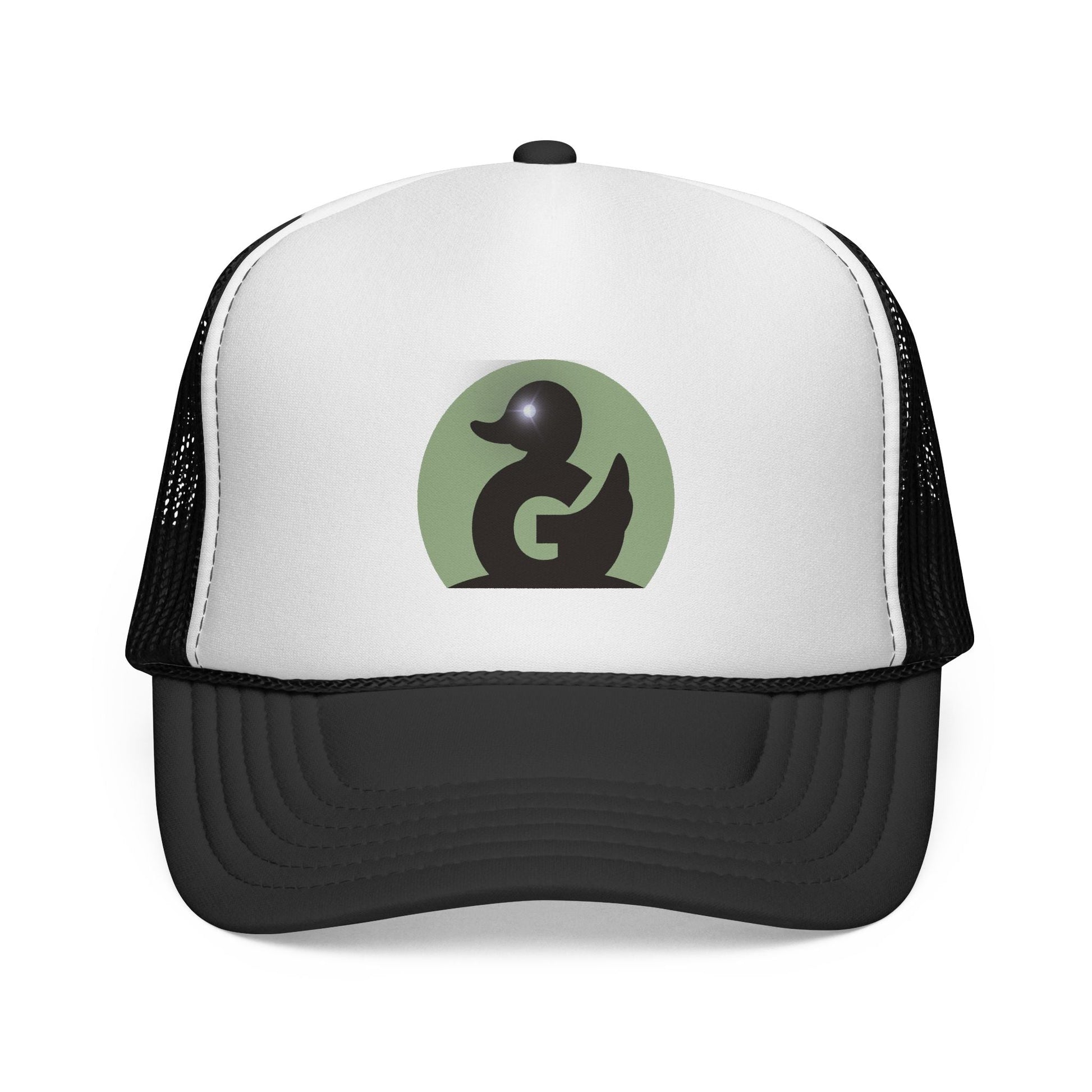 Green Duck Media Trucker Hat with black and white design and embroidered duck logo