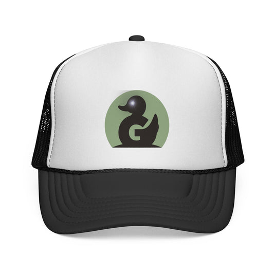Green Duck Media Trucker Hat with black and white design and embroidered duck logo