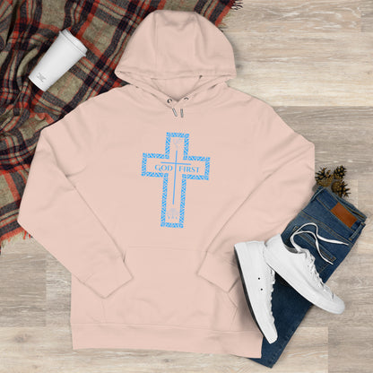 God First Hoodie Sweatshirt with Decorative Cross Design - All Baby Blue Color
