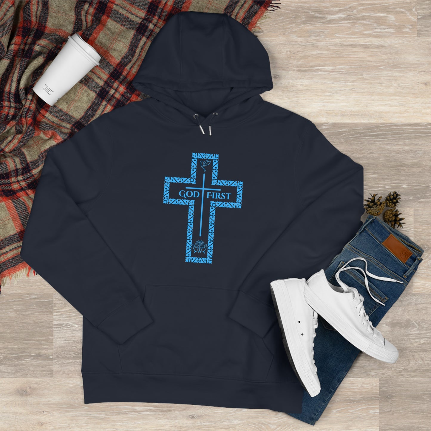 God First Hoodie Sweatshirt with Decorative Cross Design - All Baby Blue Color