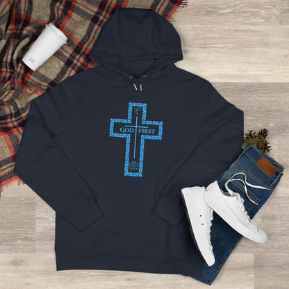 God First Hoodie Sweatshirt with Decorative Cross Design - All Baby Blue Color