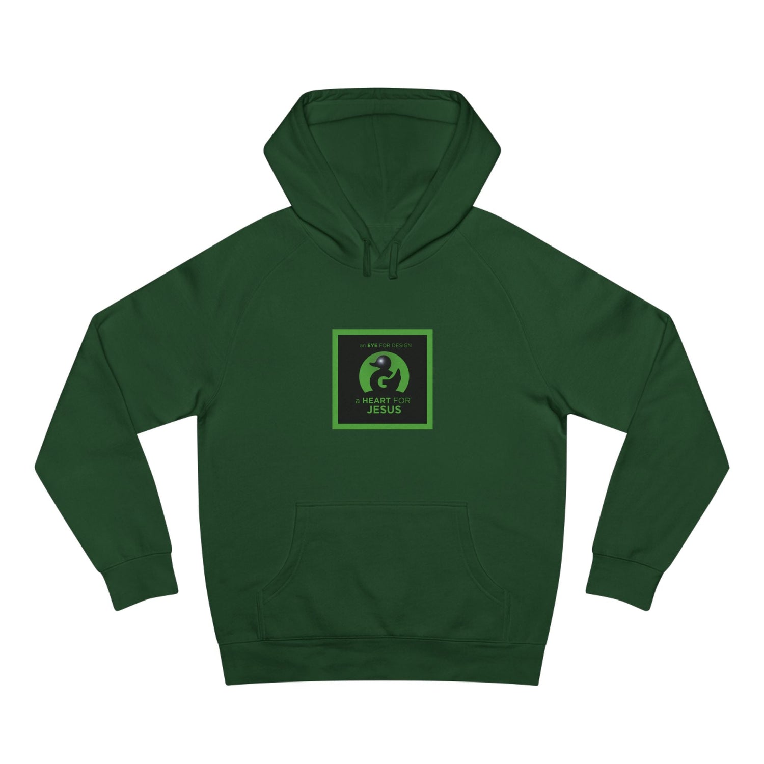 Unisex premium green hoodie with "an EYE for design a HEART for JESUS" faith-inspired graphic and kangaroo pocket