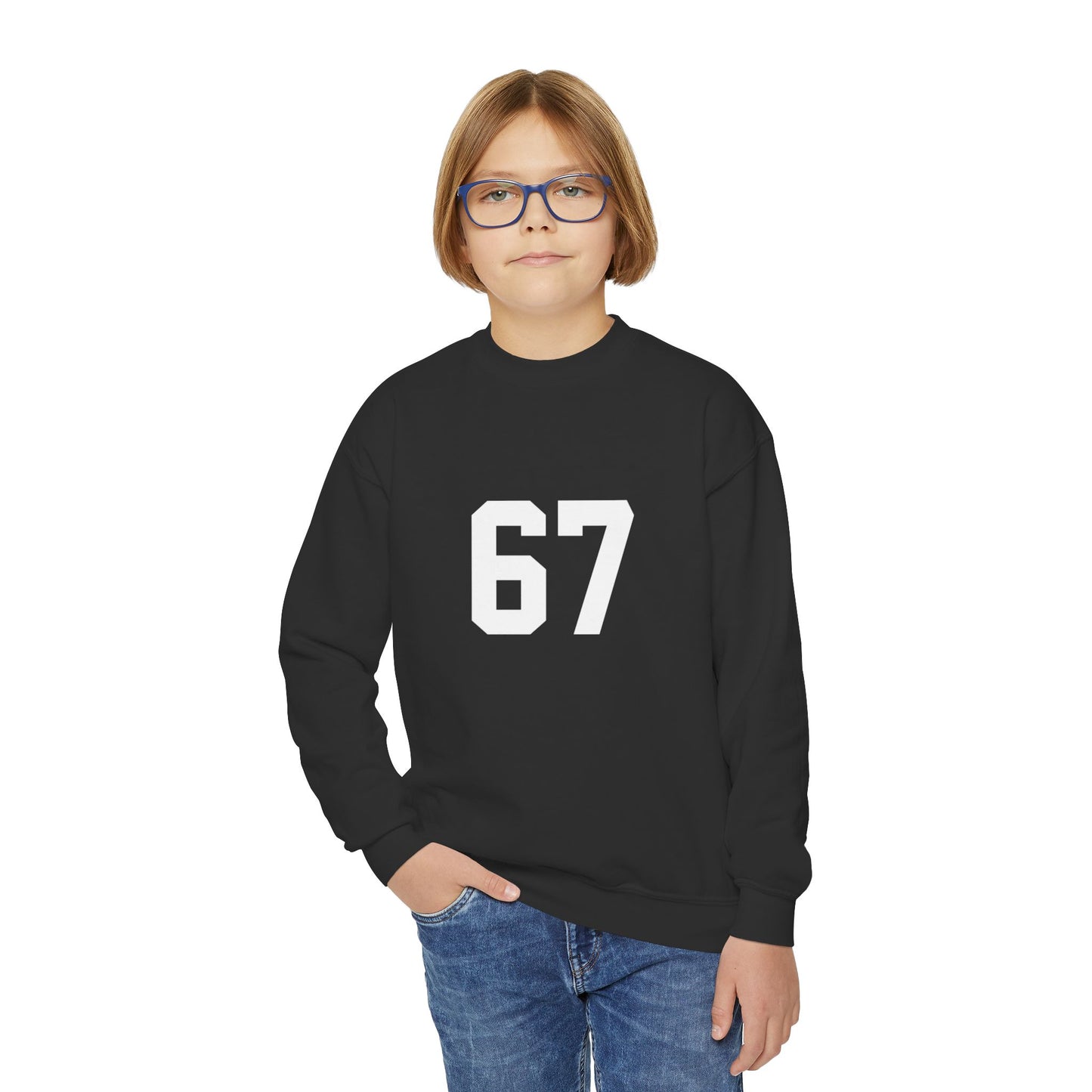 White Number 67 Youth Crewneck Sweatshirt, Meme Design