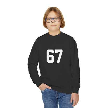 White Number 67 Youth Crewneck Sweatshirt, Meme Design