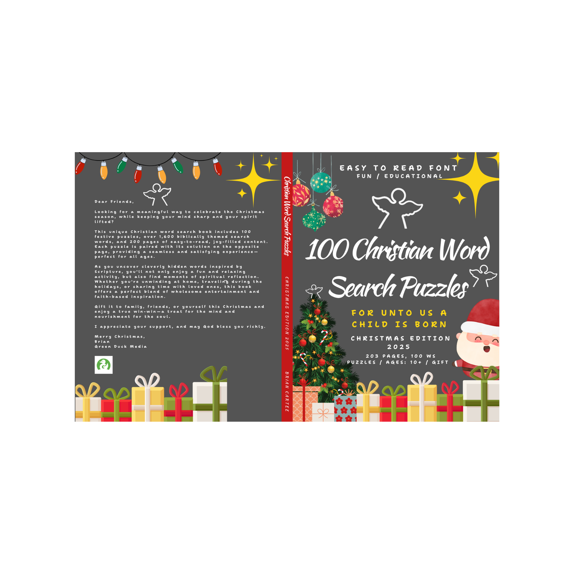 Christian word search puzzle book Christmas edition 2025 with festive themes, easy-to-read font, and 100 puzzles for ages 10+
