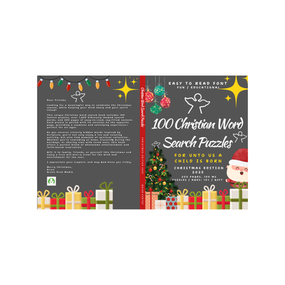 Christian word search puzzle book Christmas edition 2025 with festive themes, easy-to-read font, and 100 puzzles for ages 10+