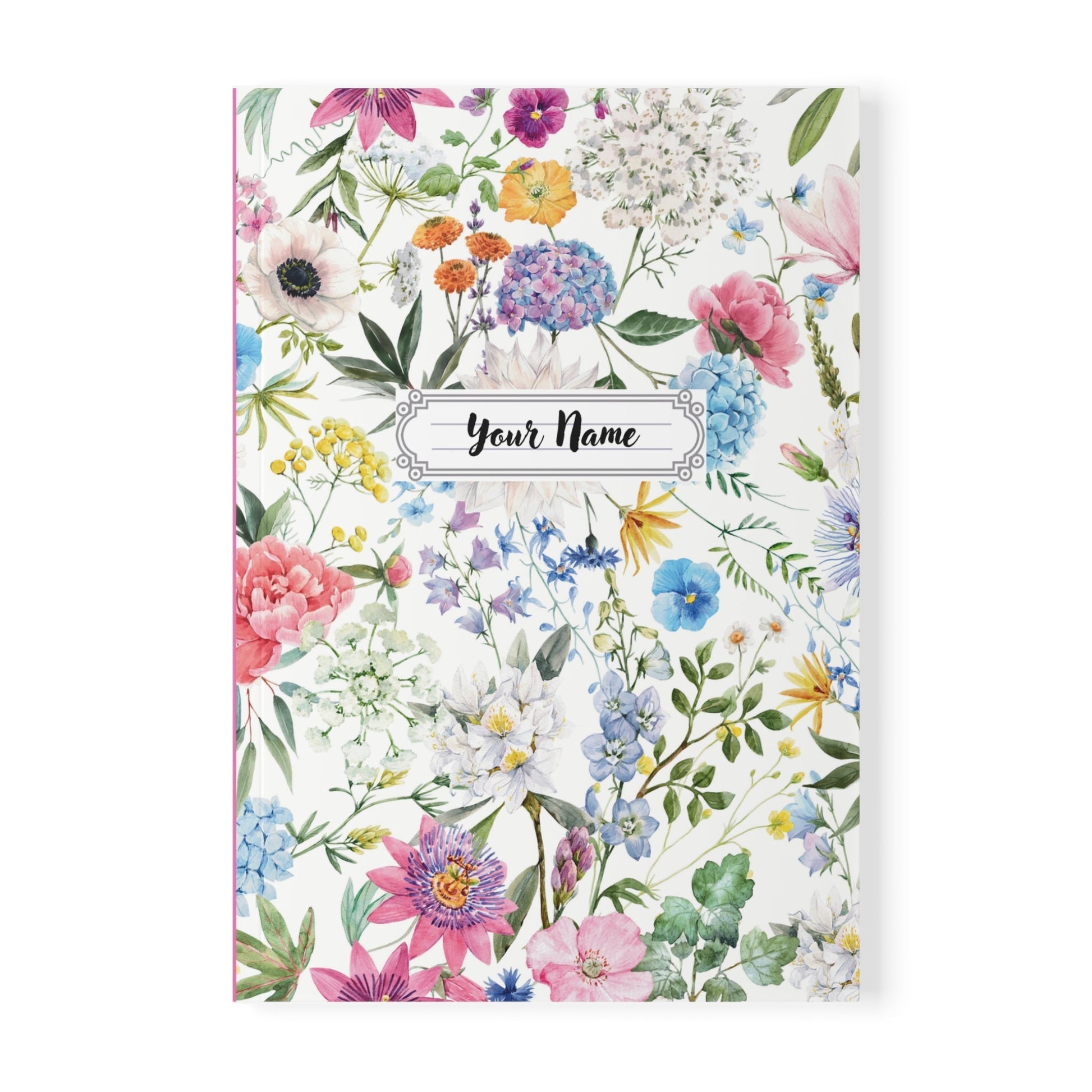 Personalized Floral A5 Notebook with vibrant flower cover and customizable name label