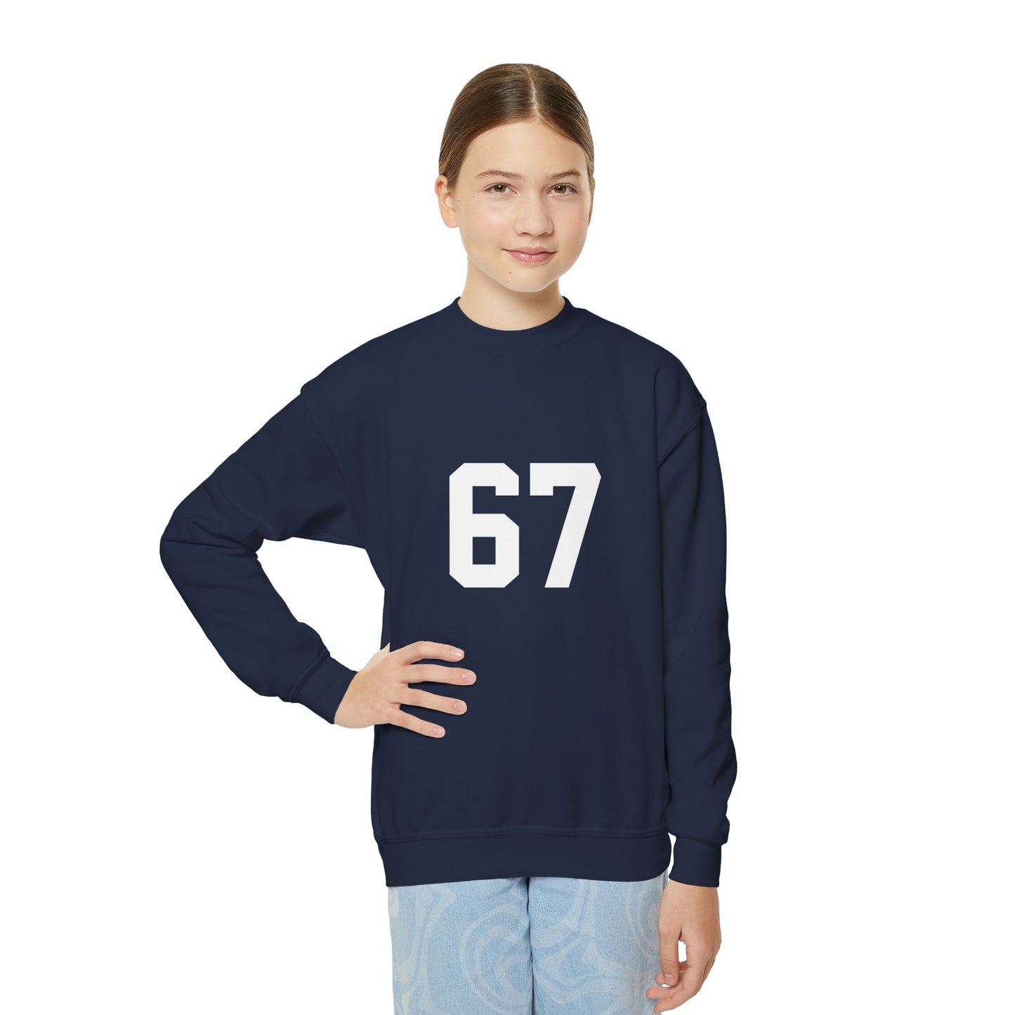 White Number 67 Youth Crewneck Sweatshirt, Meme Design