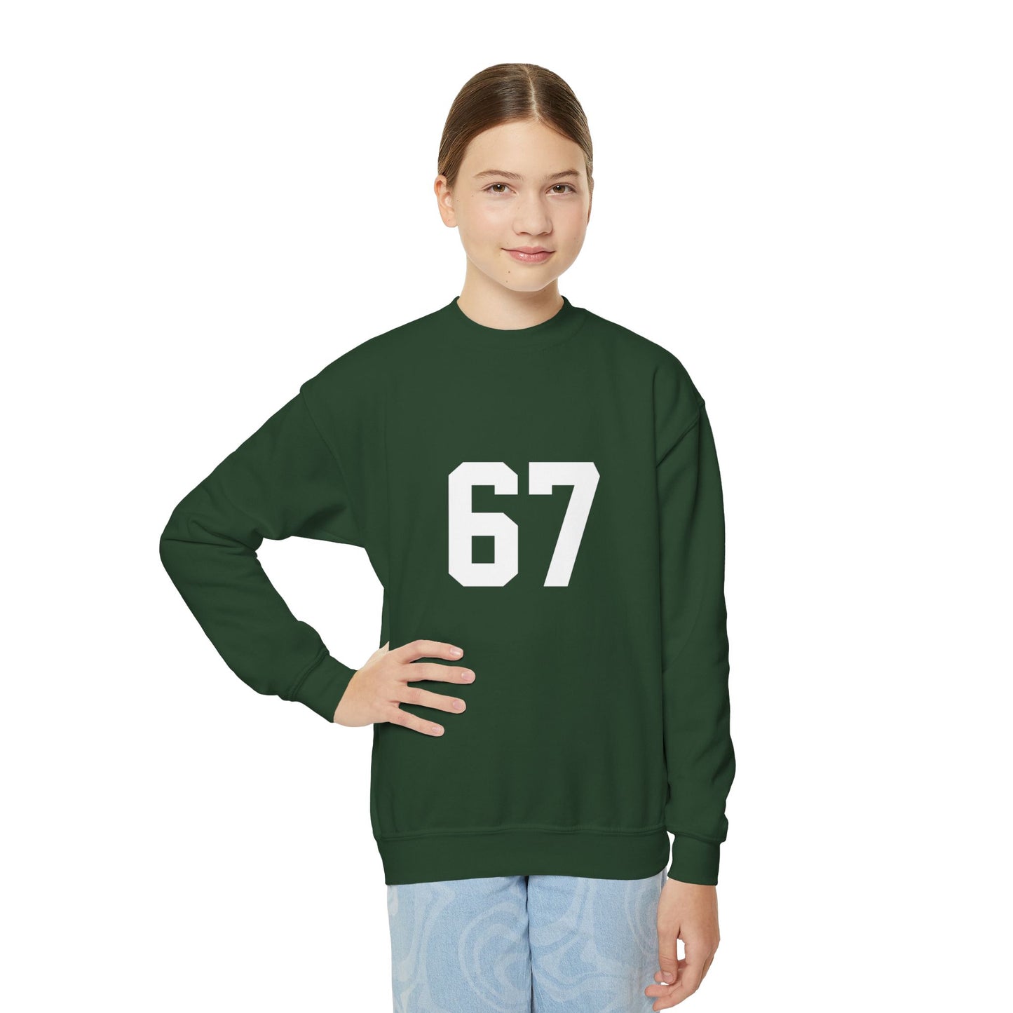 White Number 67 Youth Crewneck Sweatshirt, Meme Design