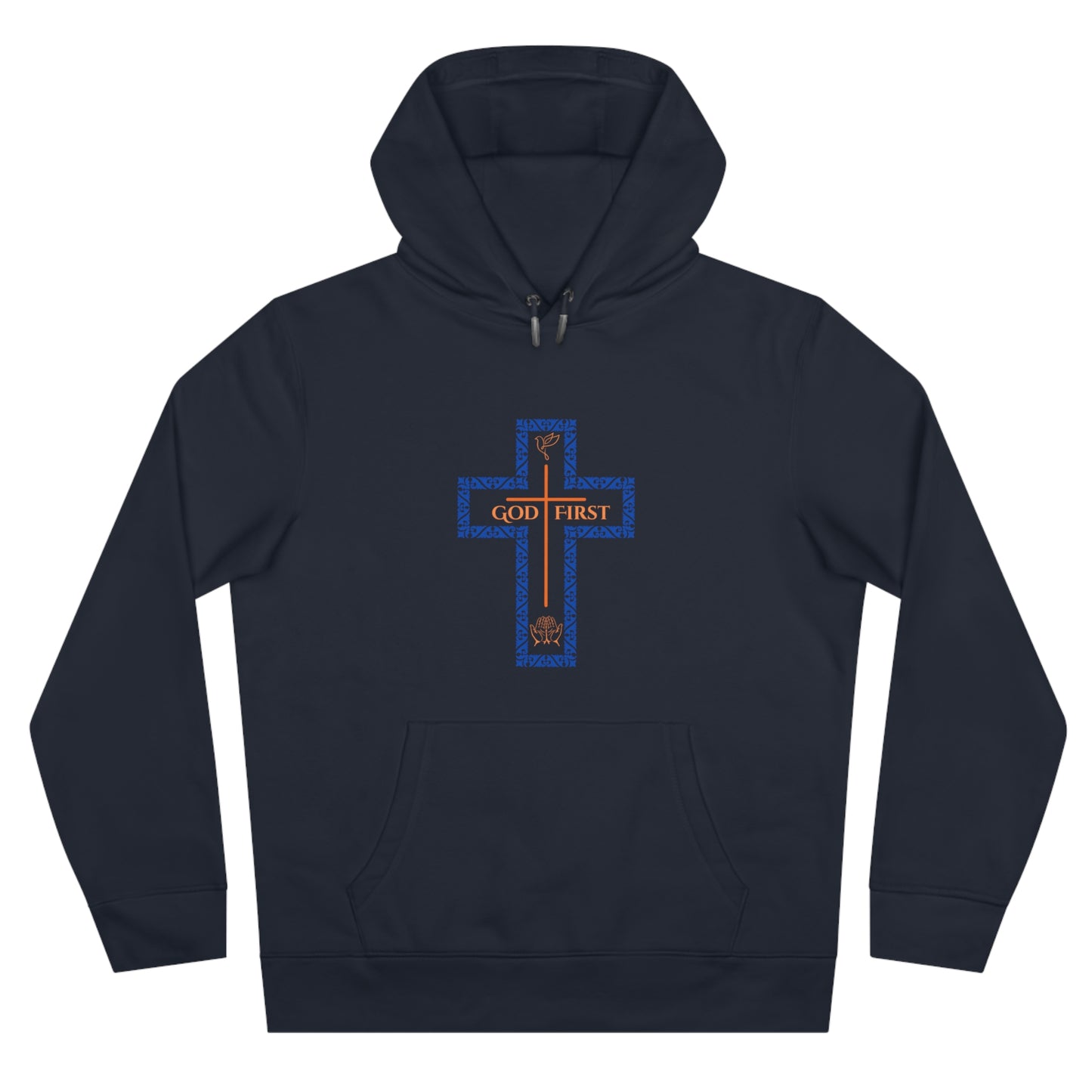 God First Hoodie Sweatshirt with Decorative Cross Design - Blue & Orange Colors
