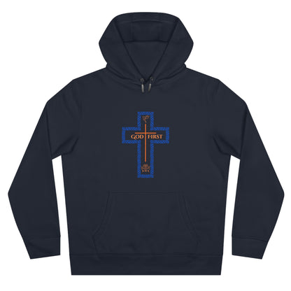 God First Hoodie Sweatshirt with Decorative Cross Design - Blue & Orange Colors