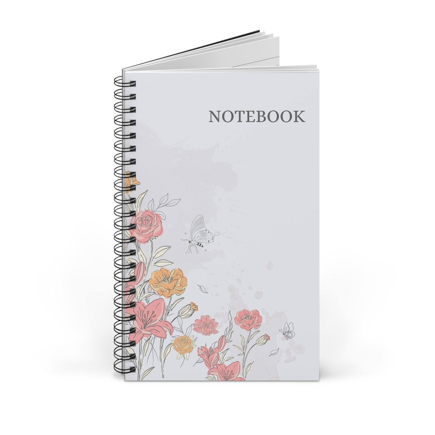 Libreta espiral floral - Diseño elegante tipo boceto, perfecta para escribir un diario, planificar, regalar o para la vuelta al cole. Tamaño compacto de 15 x 20 cm.