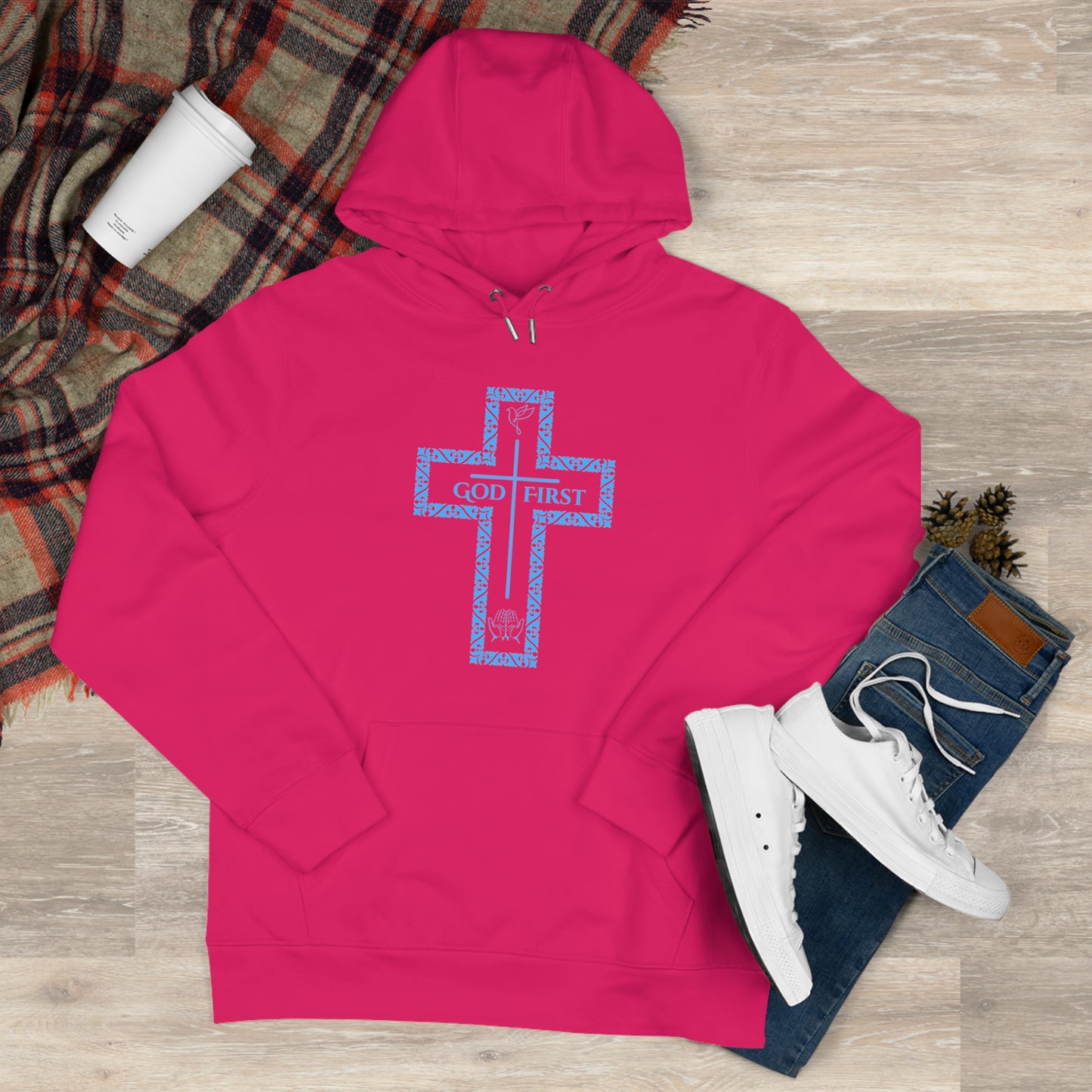 God First Hoodie Sweatshirt with Decorative Cross Design - All Baby Blue Color