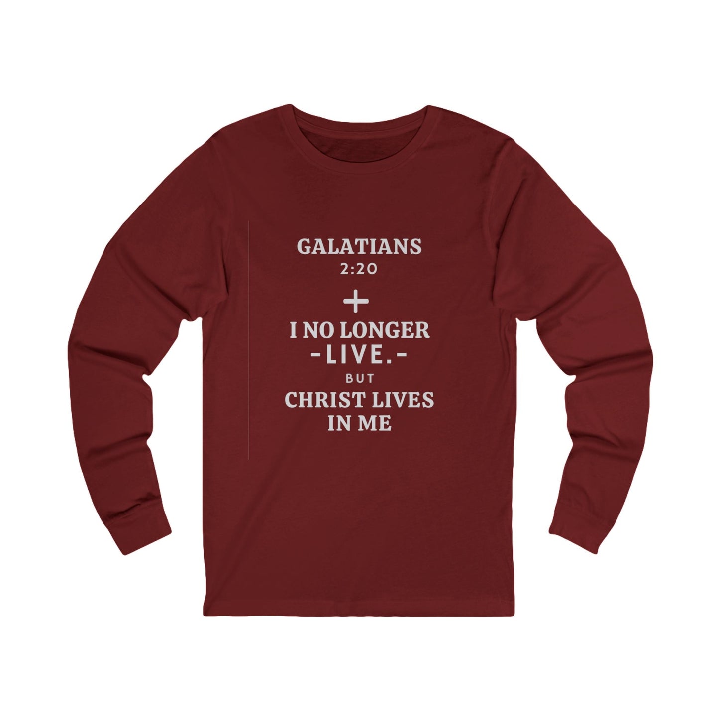 Galatians 2:20 long sleeve t-shirt with cross and scripture text in maroon color